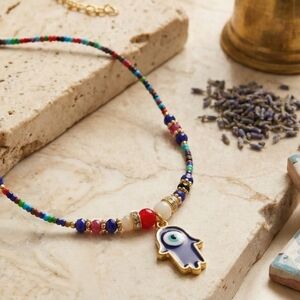 Turkish 18K Gold Plated Hamsa Evil Eye Multicolor Bead Boho Layering Necklace